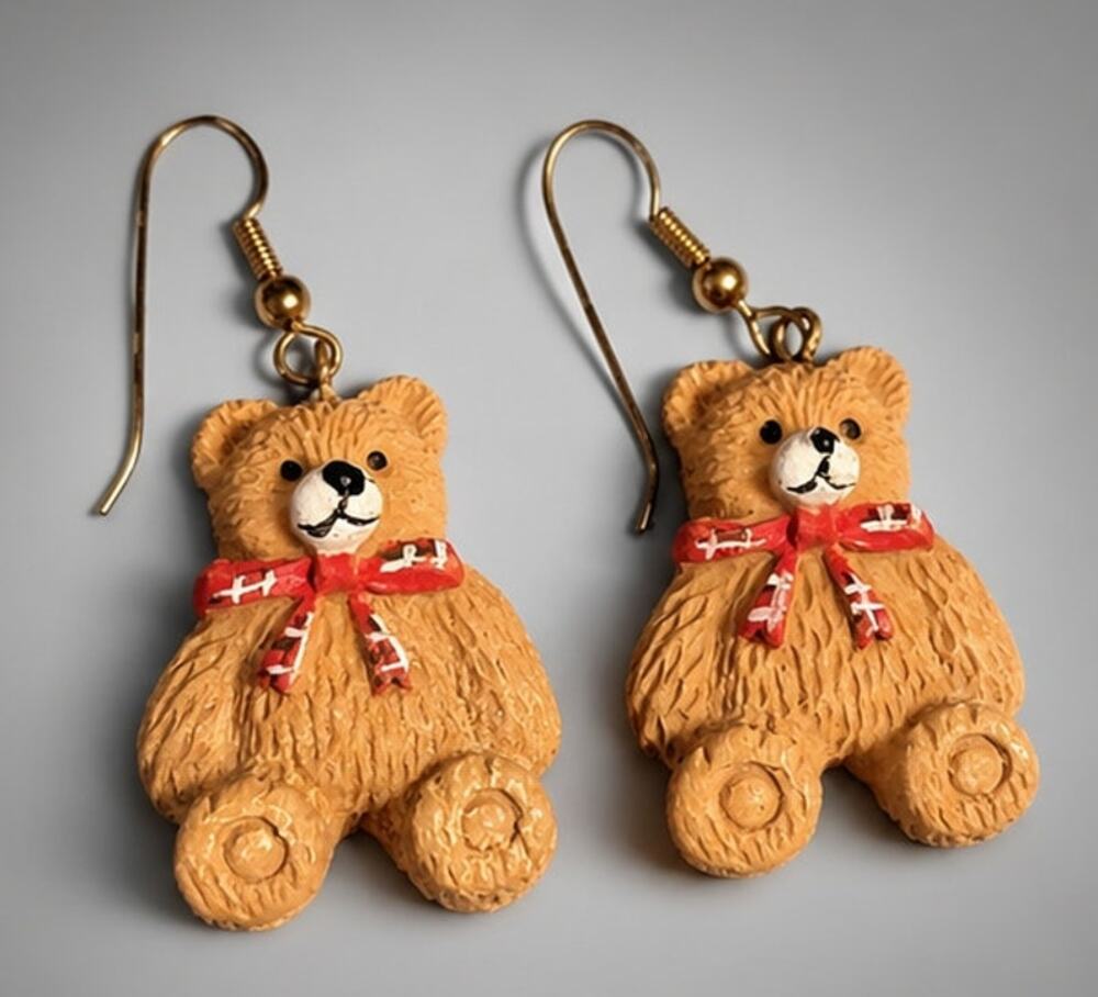 Vintage Teddy Bear Christmas long Dangle pierced‎ earrings h-97
